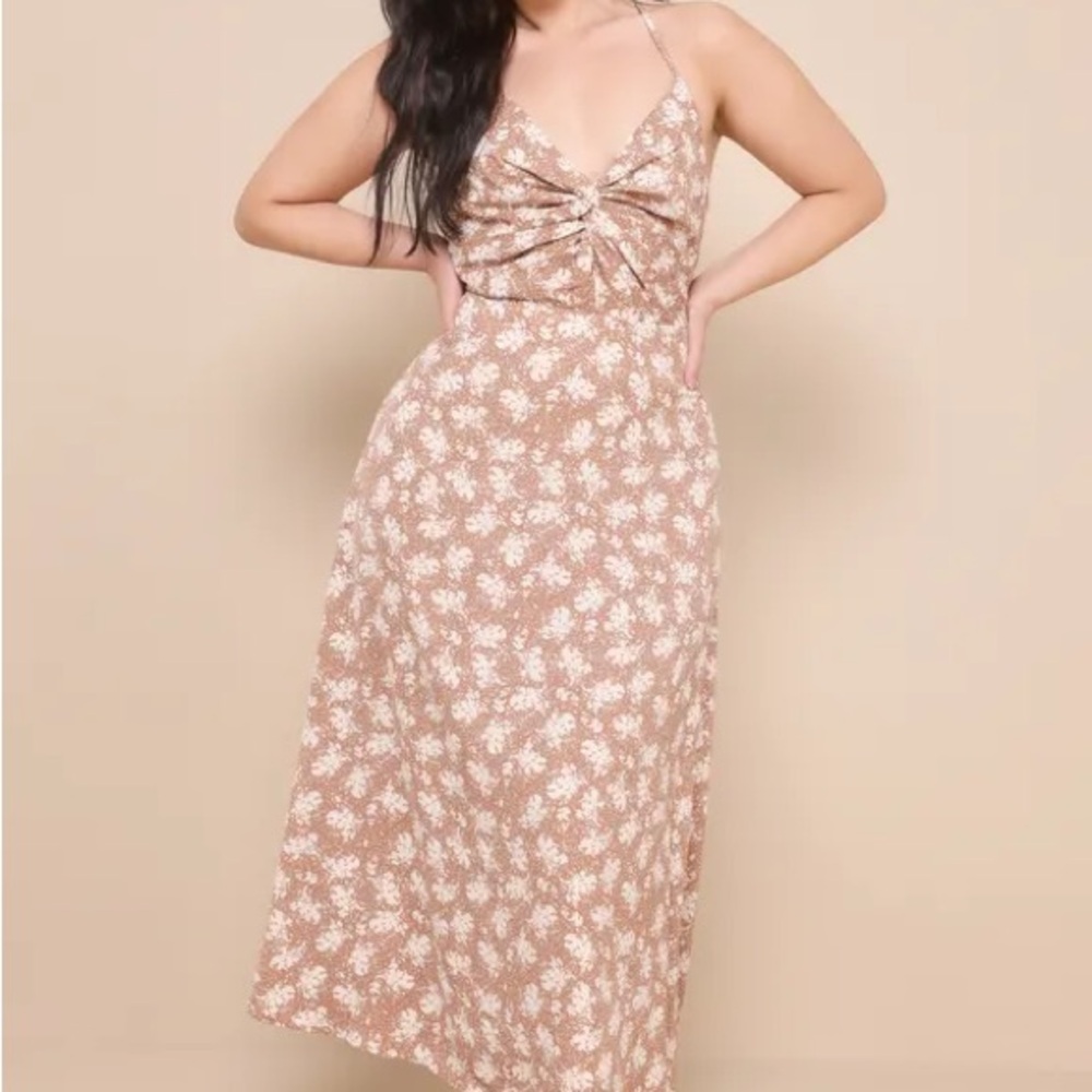 Lulu's Floral Midi Dress in Brown and Cream